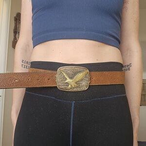 Tony Lama Tan Leather Belt with Embossed Design With A Vintage Belt Buckle